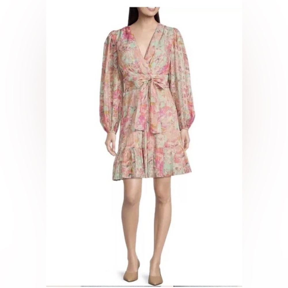 Alex Marie Simone size 8 Pink Teal Floral Long Sleeve Tiered Dress Vneck